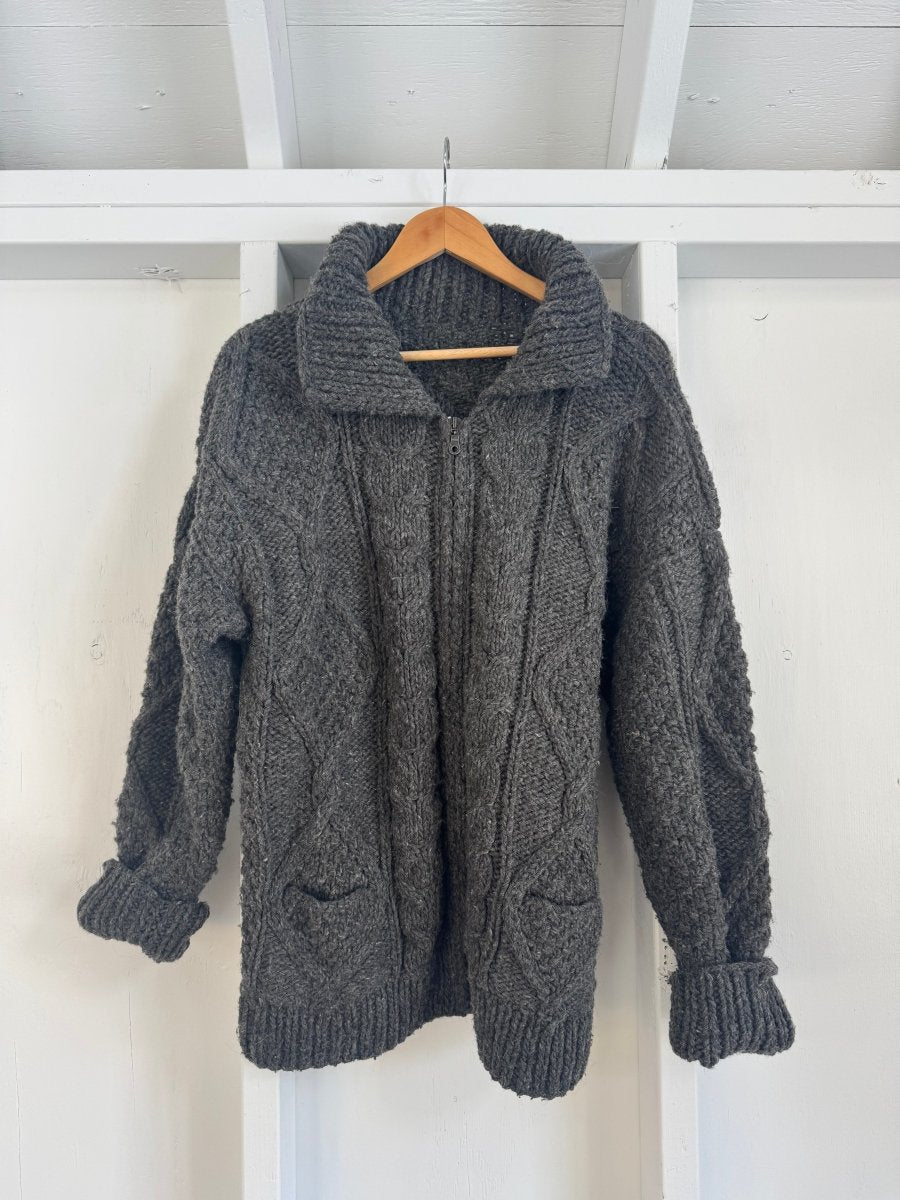 Vintage Wool Fishermen's Sweater Cardigan - Grey - Diamonds & Rust