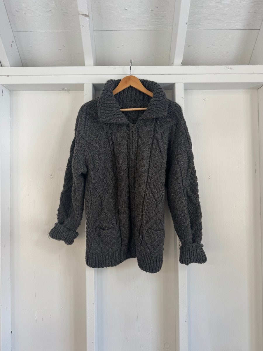 Vintage Wool Fishermen's Sweater Cardigan - Grey - Diamonds & Rust