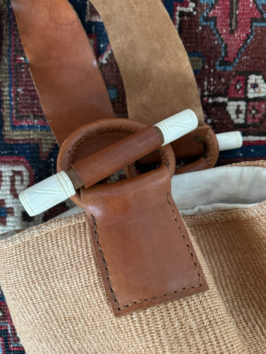 Vintage Woven Sisal Bag Leather Strap - Diamonds & Rust