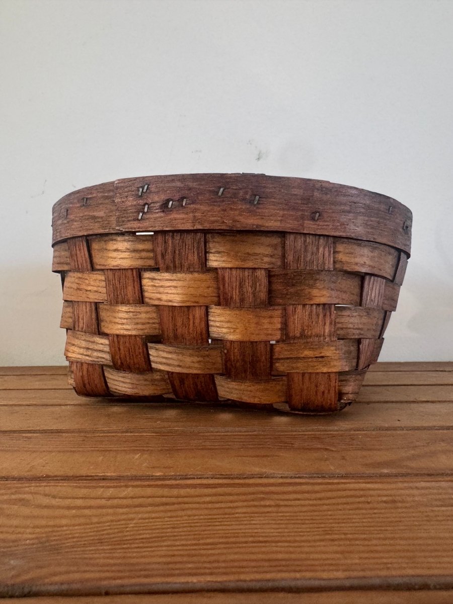 Vintage Woven Wood Slat Gathering Basket - Diamonds & Rust
