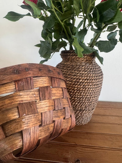 Vintage Woven Wood Slat Gathering Basket - Diamonds & Rust