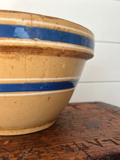 Vintage Yellow Ware Bowl - Blue Stripe - Diamonds & Rust