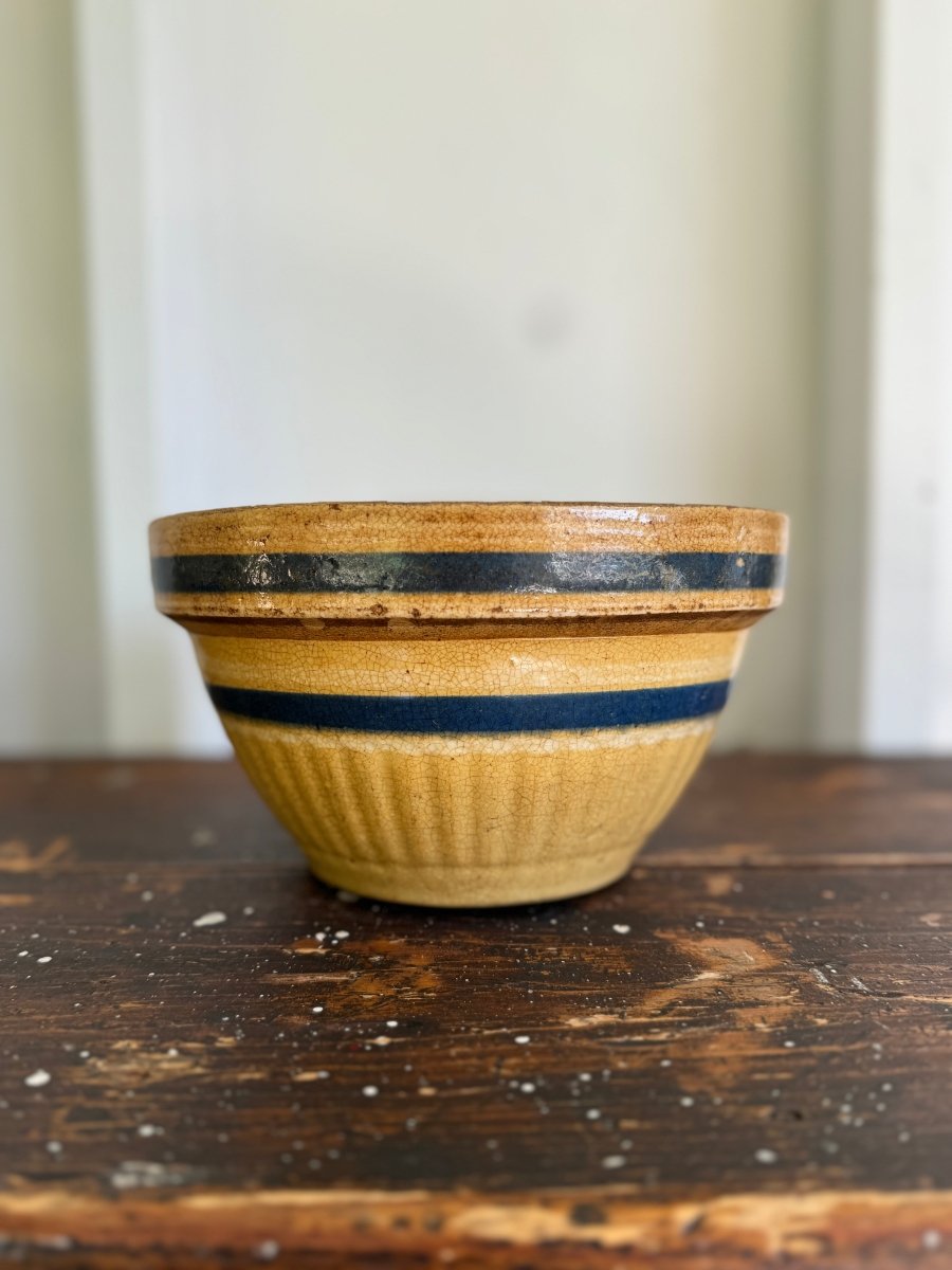 Vintage Yellow Ware Bowl – Blue Stripes - Diamonds & Rust