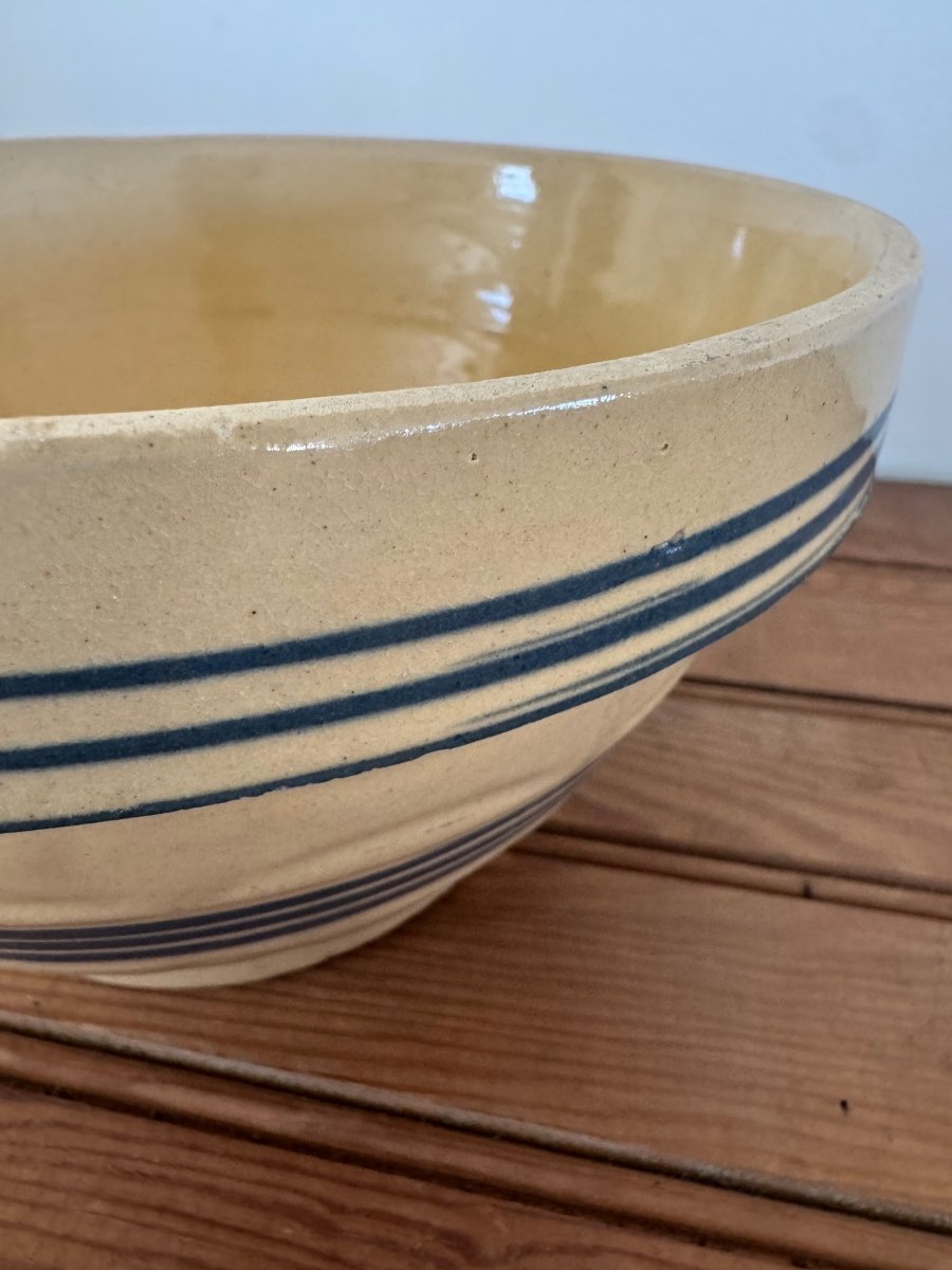 Vintage Yellow Ware Bowl – Blue Stripes - Diamonds & Rust