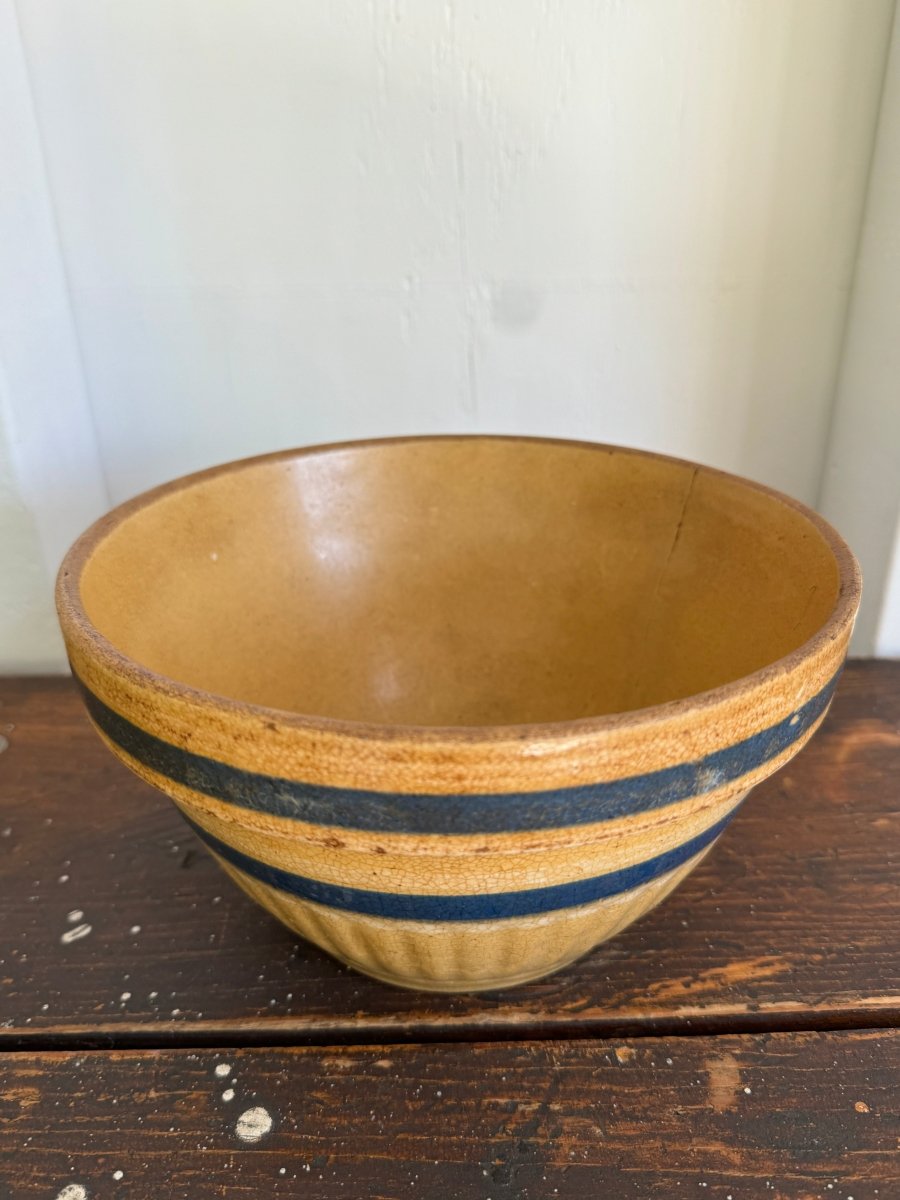 Vintage Yellow Ware Bowl – Blue Stripes - Diamonds & Rust