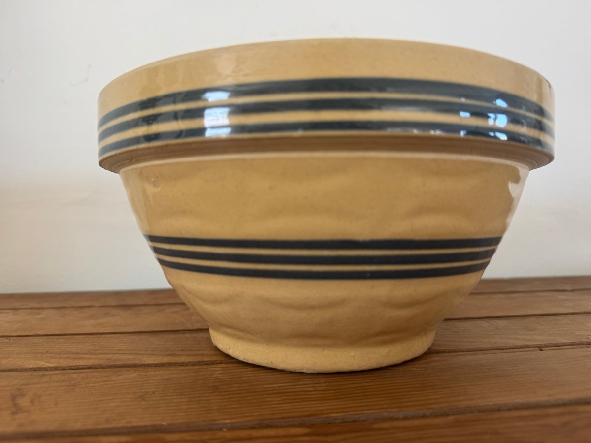 Vintage Yellow Ware Bowl – Blue Stripes - Diamonds & Rust