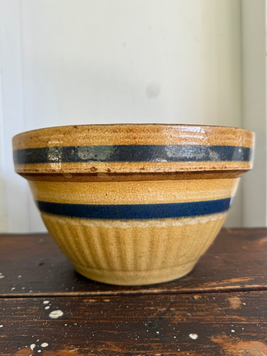 Vintage Yellow Ware Bowl – Blue Stripes - Diamonds & Rust