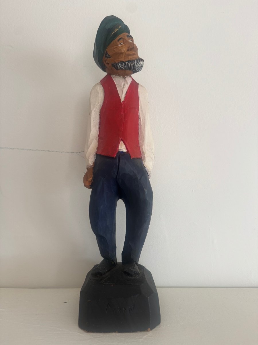 VTG 12" Wooden Fisherman - Diamonds & Rust