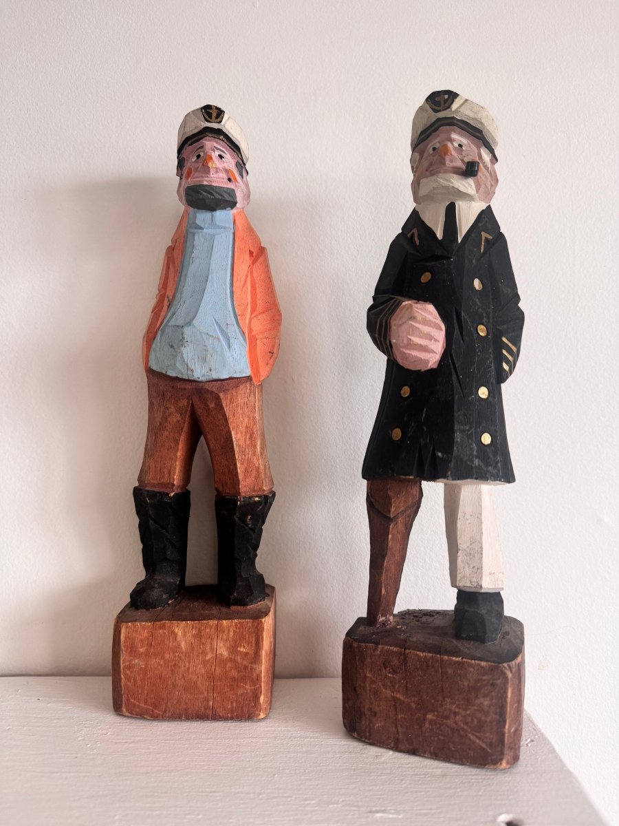VTG 12" Wooden Fisherman - Black Coat + Peg Leg - Diamonds & Rust
