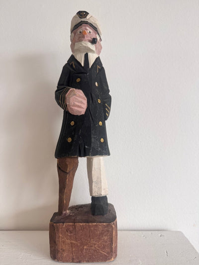VTG 12" Wooden Fisherman - Black Coat + Peg Leg - Diamonds & Rust
