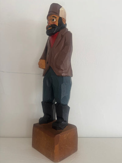 VTG 12" Wooden Fisherman - Brown Coat - Diamonds & Rust