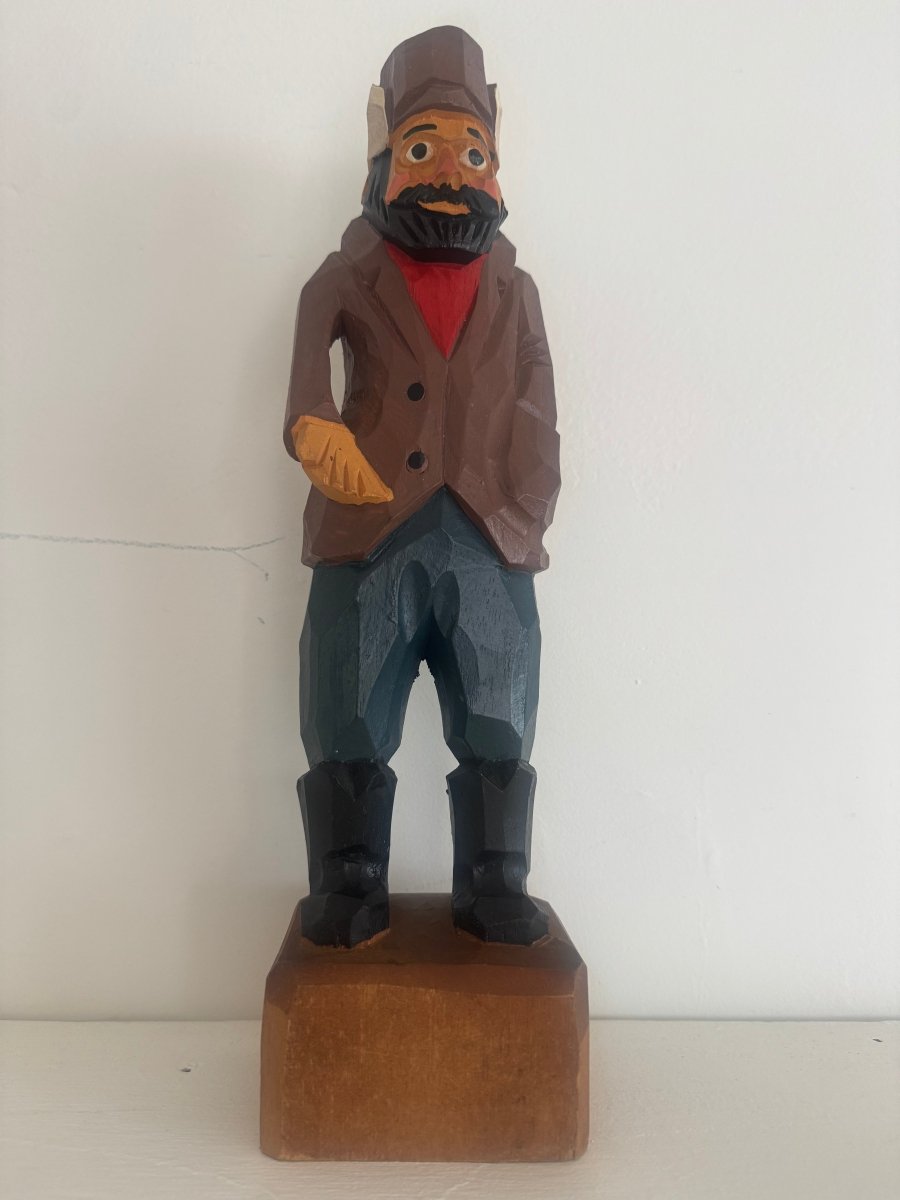VTG 12" Wooden Fisherman - Brown Coat - Diamonds & Rust