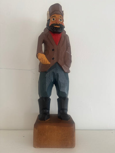 VTG 12" Wooden Fisherman - Brown Coat - Diamonds & Rust
