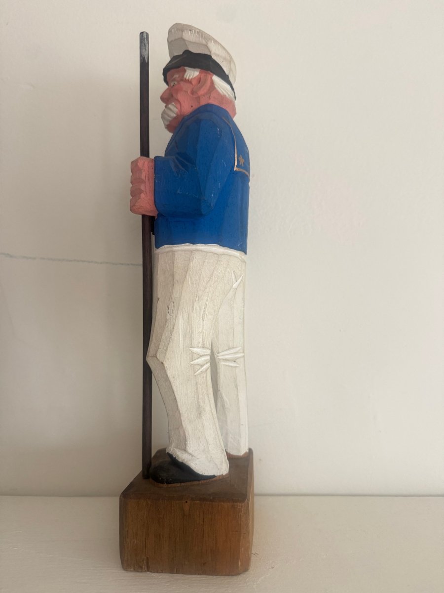 VTG 12" Wooden Fisherman - Captain - Blue Coat - Diamonds & Rust