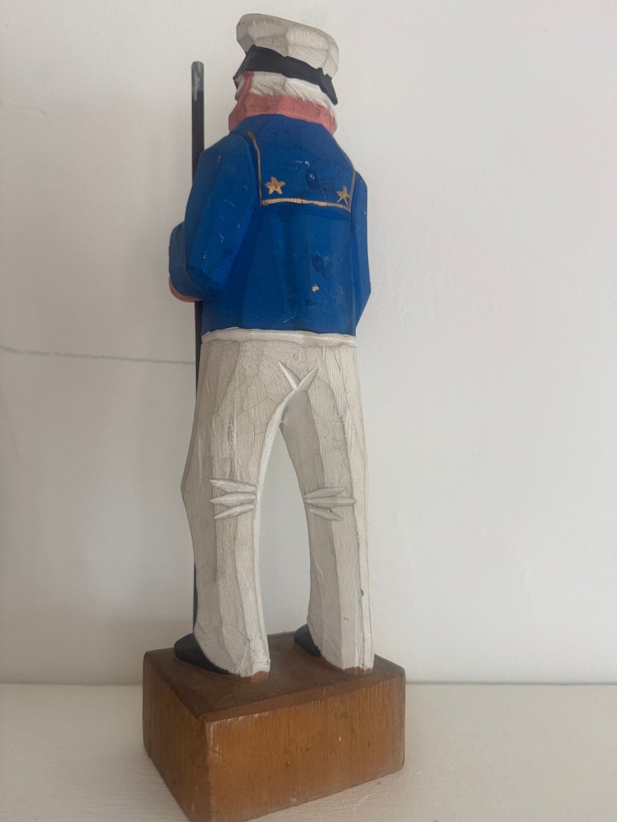 VTG 12" Wooden Fisherman - Captain - Blue Coat - Diamonds & Rust