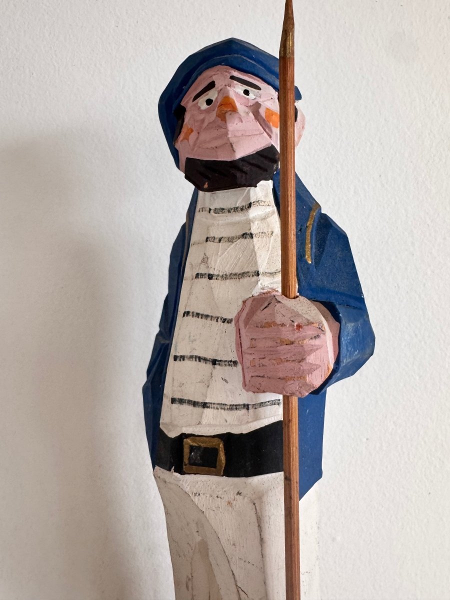 VTG 12" Wooden Fisherman - Stripes - Diamonds & Rust