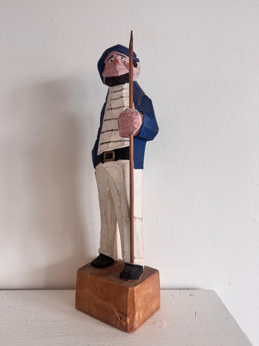 VTG 12" Wooden Fisherman - Stripes - Diamonds & Rust