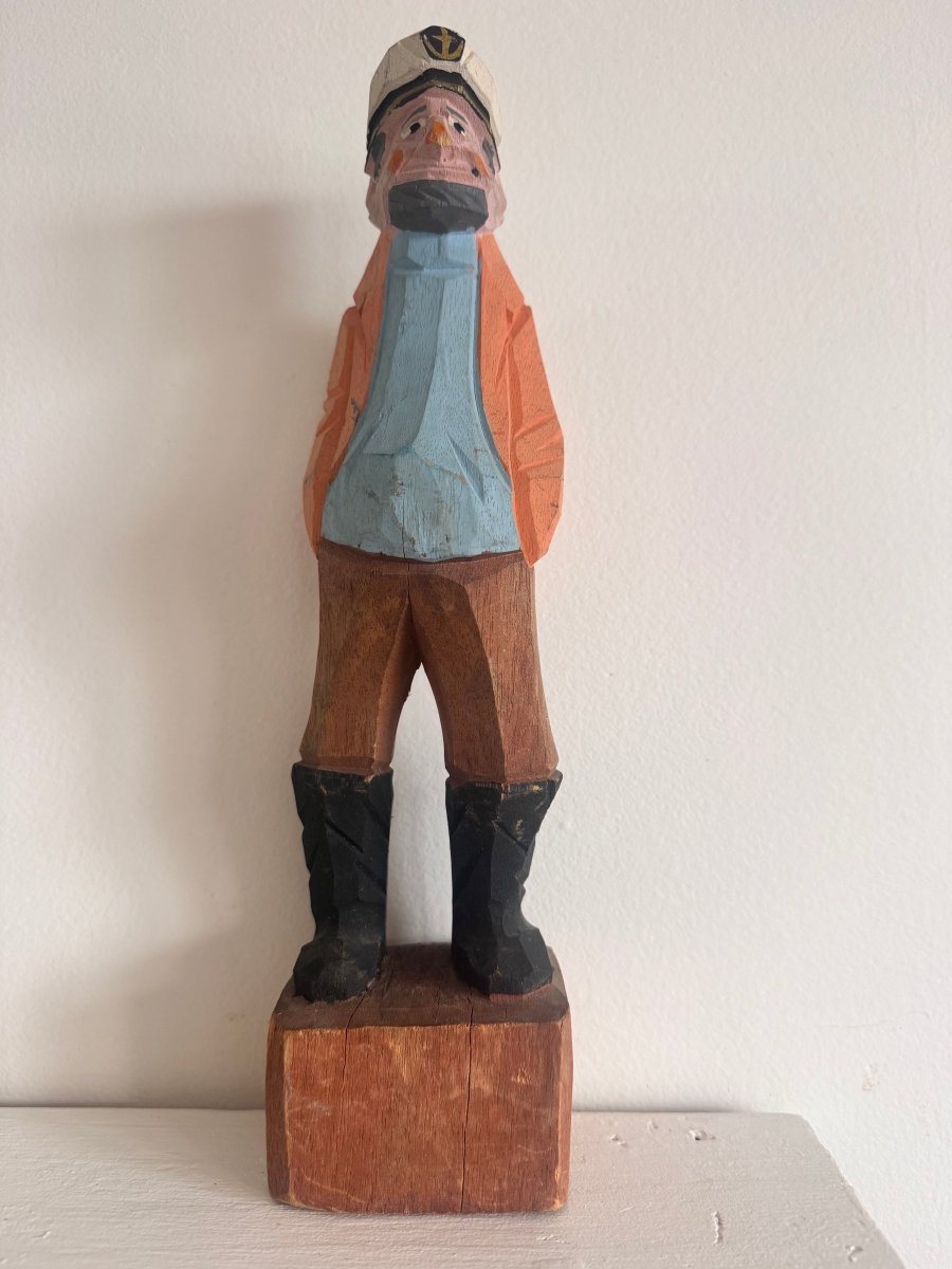 VTG 12" Wooden Fisherman - Yellow + Blue - Diamonds & Rust