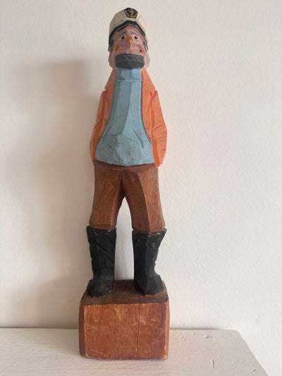 VTG 12" Wooden Fisherman - Yellow + Blue - Diamonds & Rust