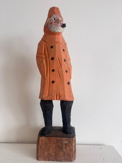 VTG 12" Wooden Fisherman - Yellow Coat + Hat - Diamonds & Rust