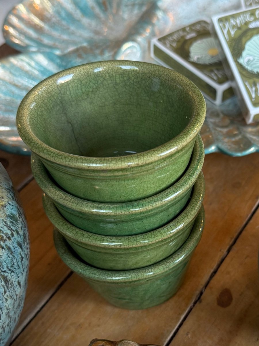 VTG Green Custard Cups - Set of 4 - Diamonds & Rust