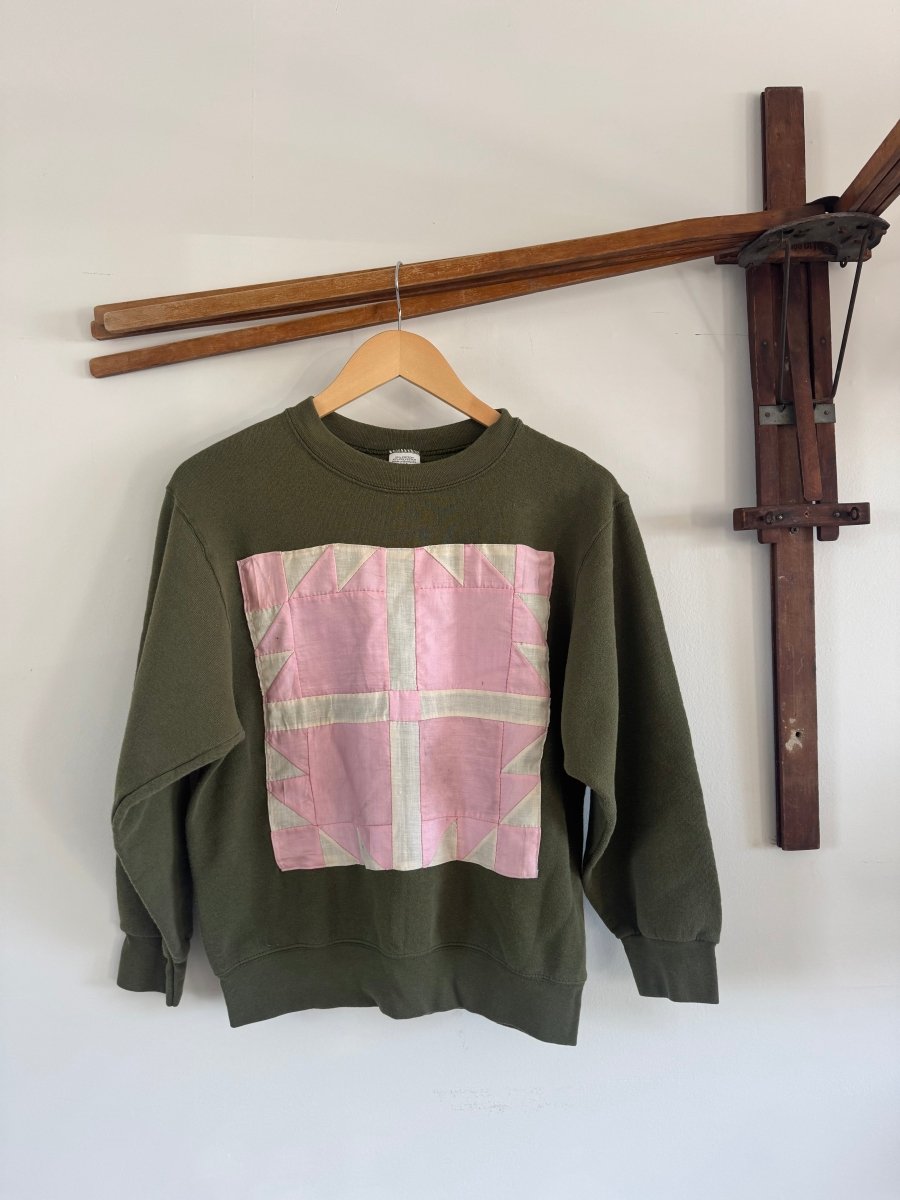 VTG Quilt Patch Army Green Raglan - Diamonds & Rust