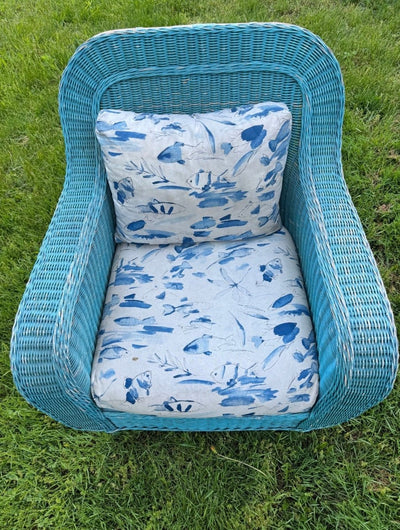 VTG Turquoise Wicker Chair with Fish Cushions - Diamonds & Rust