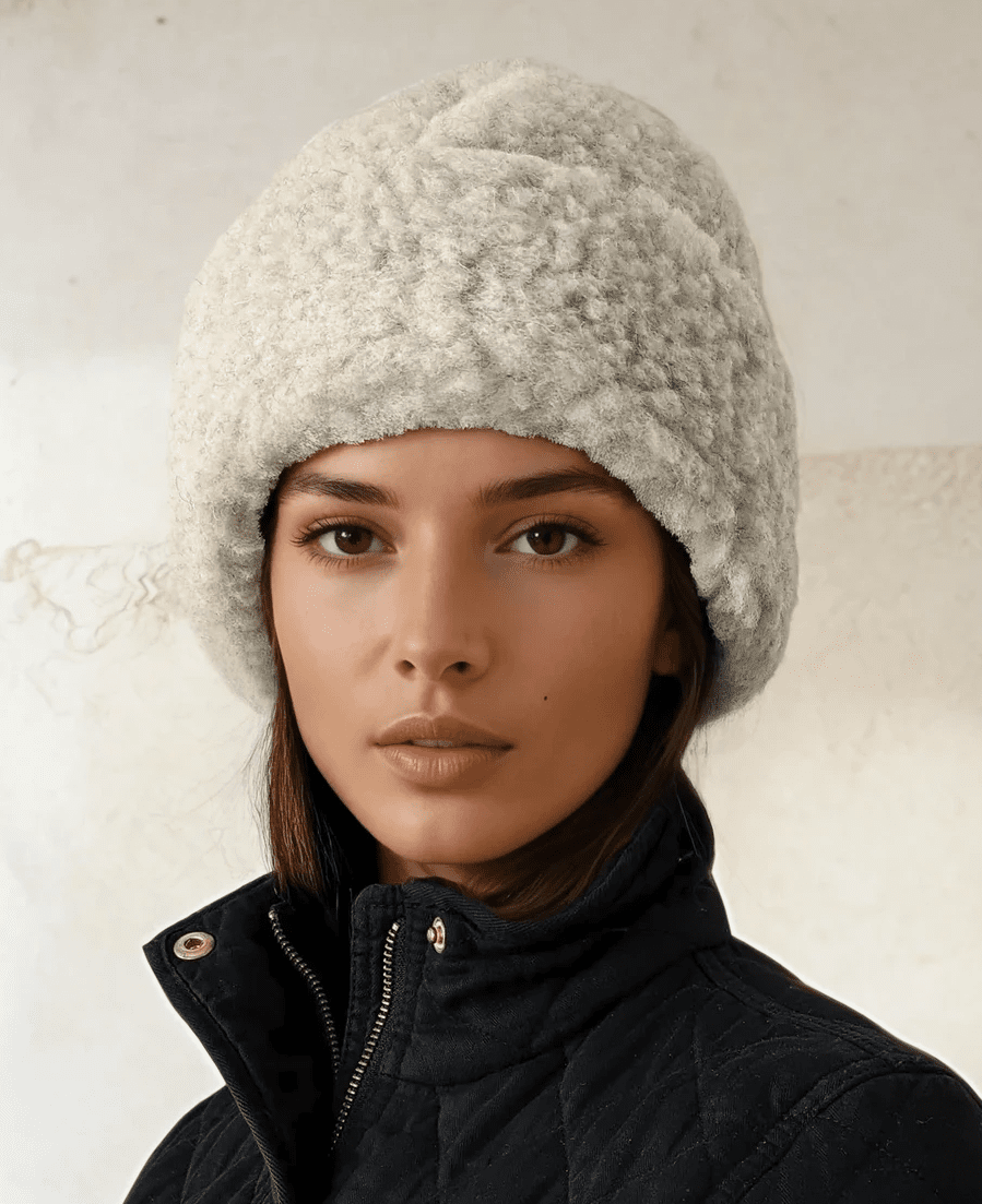 Winter 100% Sheep Wool Hat, Made in Poland : Cream - Diamonds & Rust
