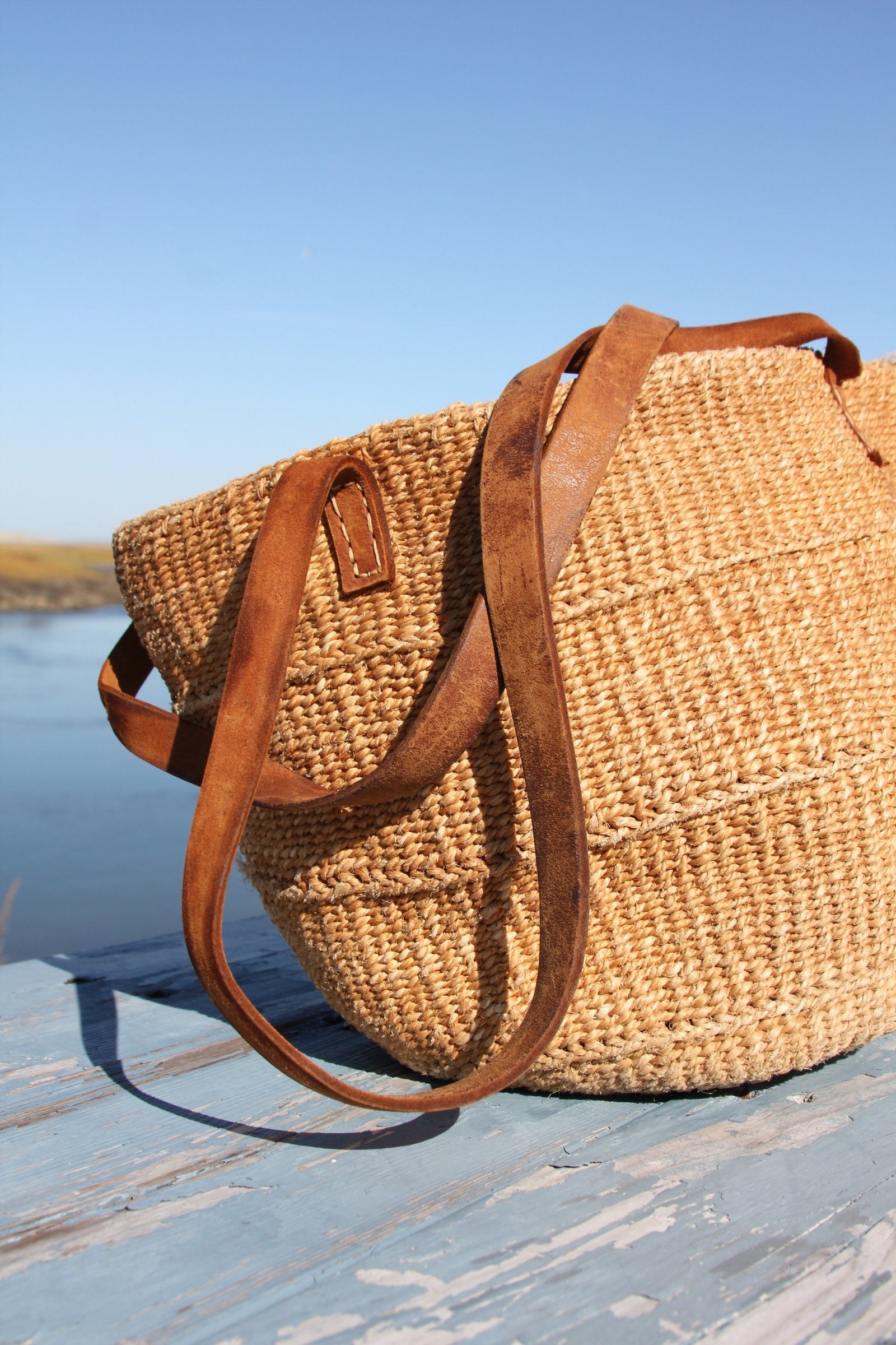 Vintage Sisal Bucket Bag - Diamonds & Rust