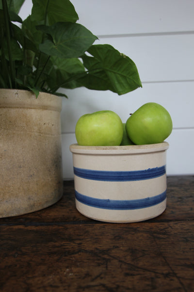 Vintage Blue Striped Stoneware Crock