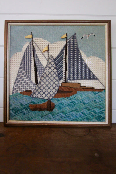 Framed Needle Point Sailboat Art