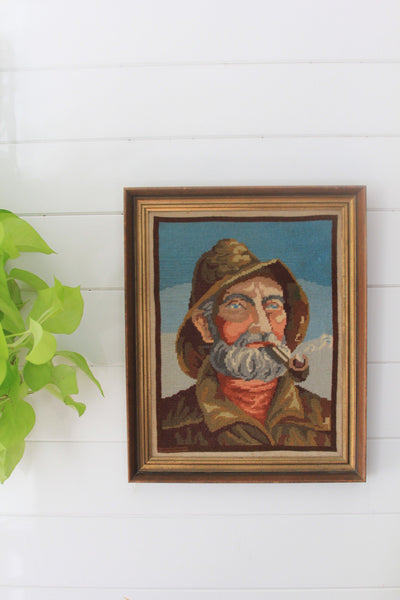 Framed Needle Point Fisherman Portrait - Diamonds & Rust