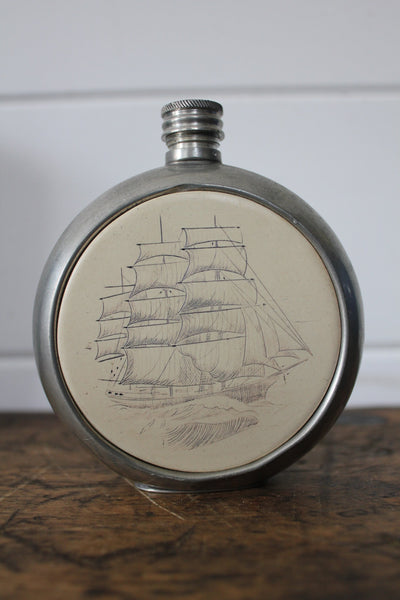 Vintage Pewter Scrimshaw Flask - Diamonds & Rust