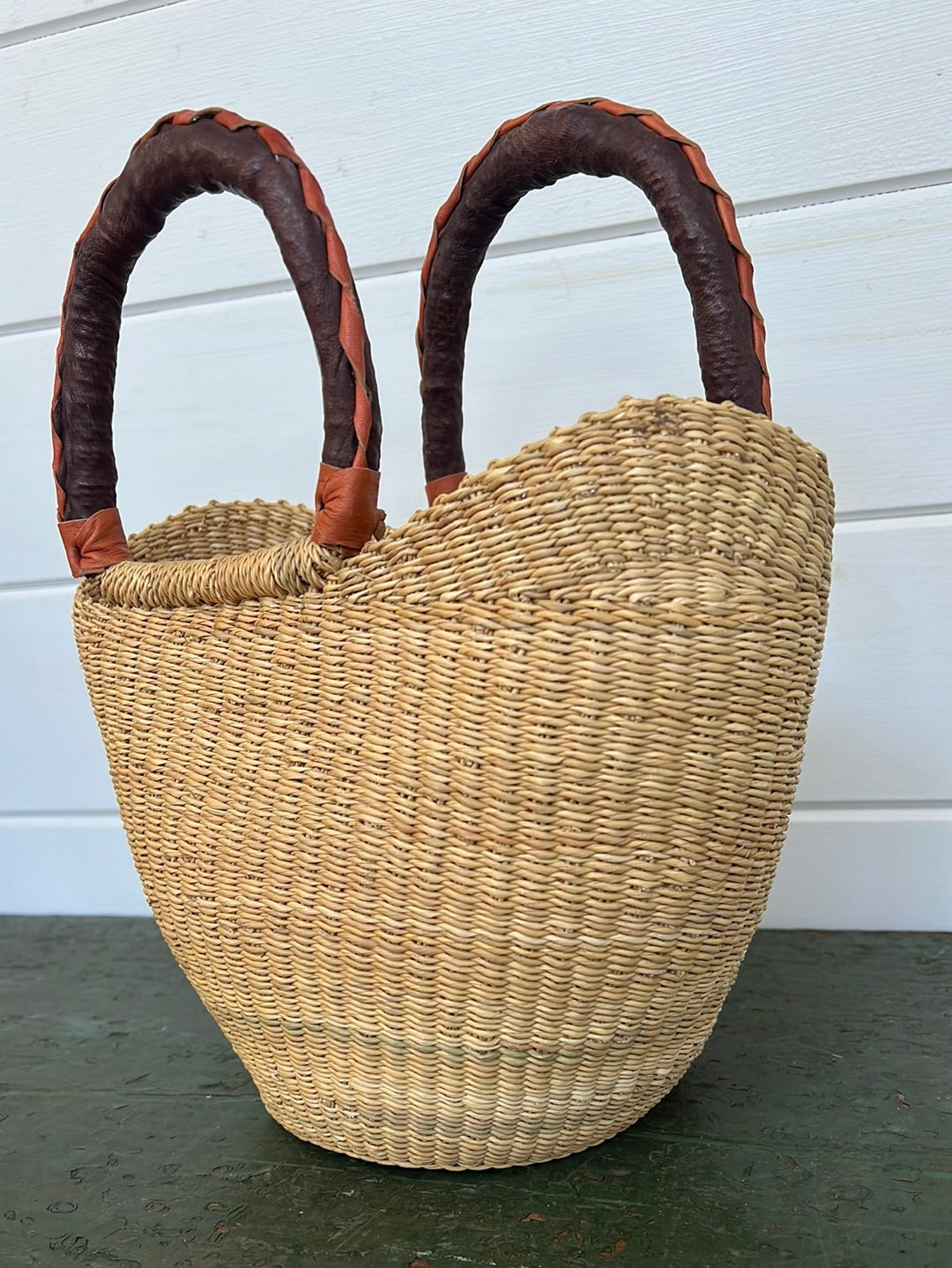 African Basket w/ Leather Handle - Brown