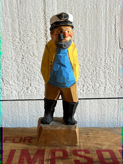 Vintage Wooden Fisherman - Blue Shirt + Yellow Coat