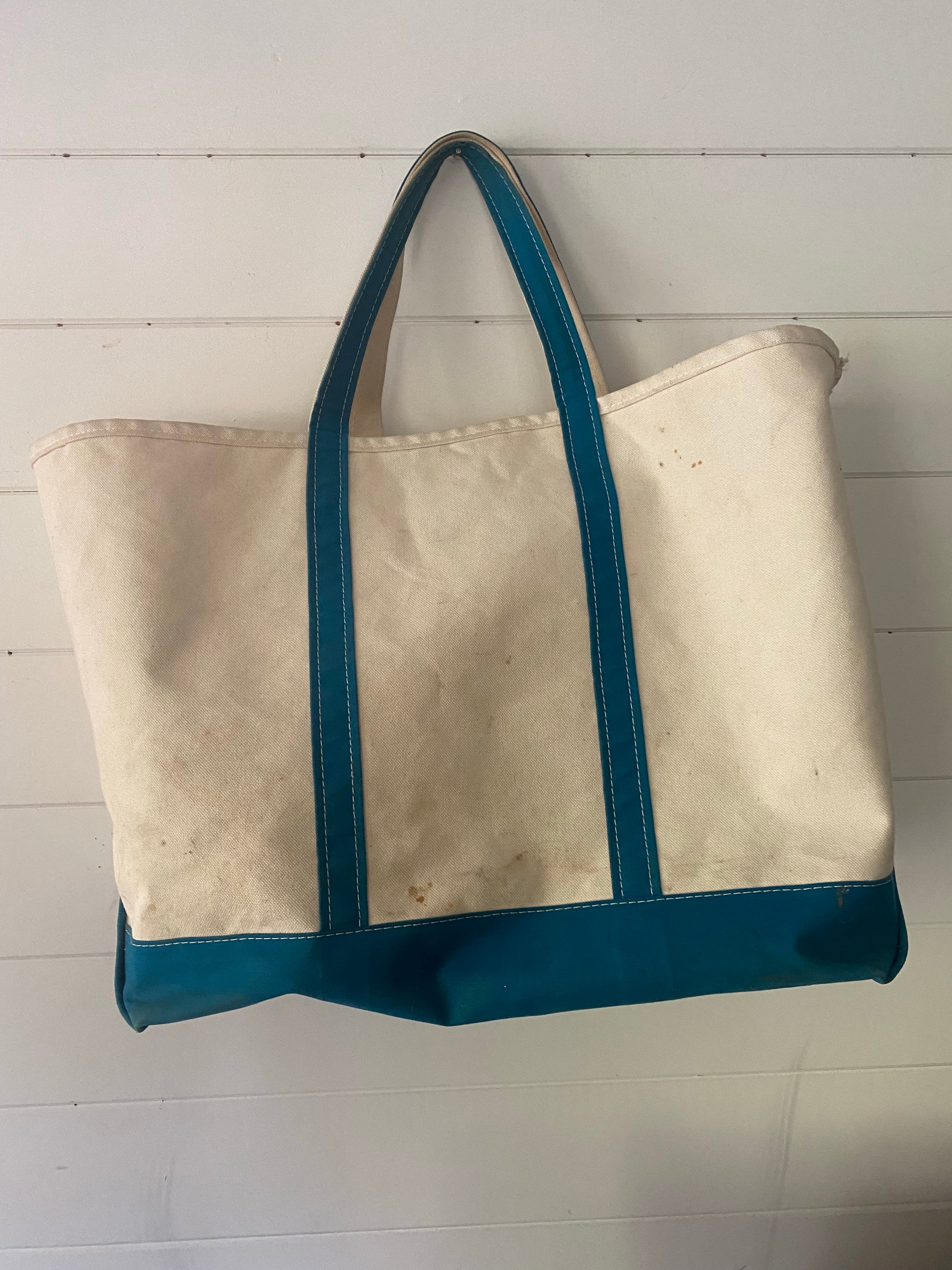 VTG LL BEAN SMALL WHITE blue CANVAS BOAT AND TOTE BAG USA