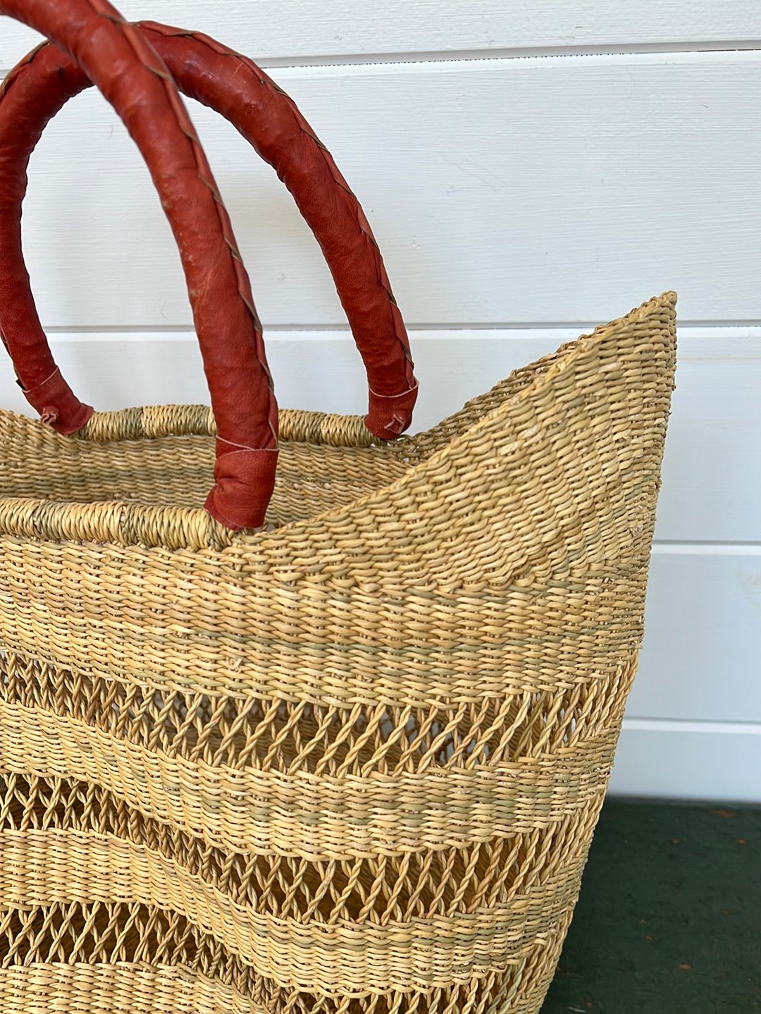 African Lace Basket w/ Leather Handle - Tan