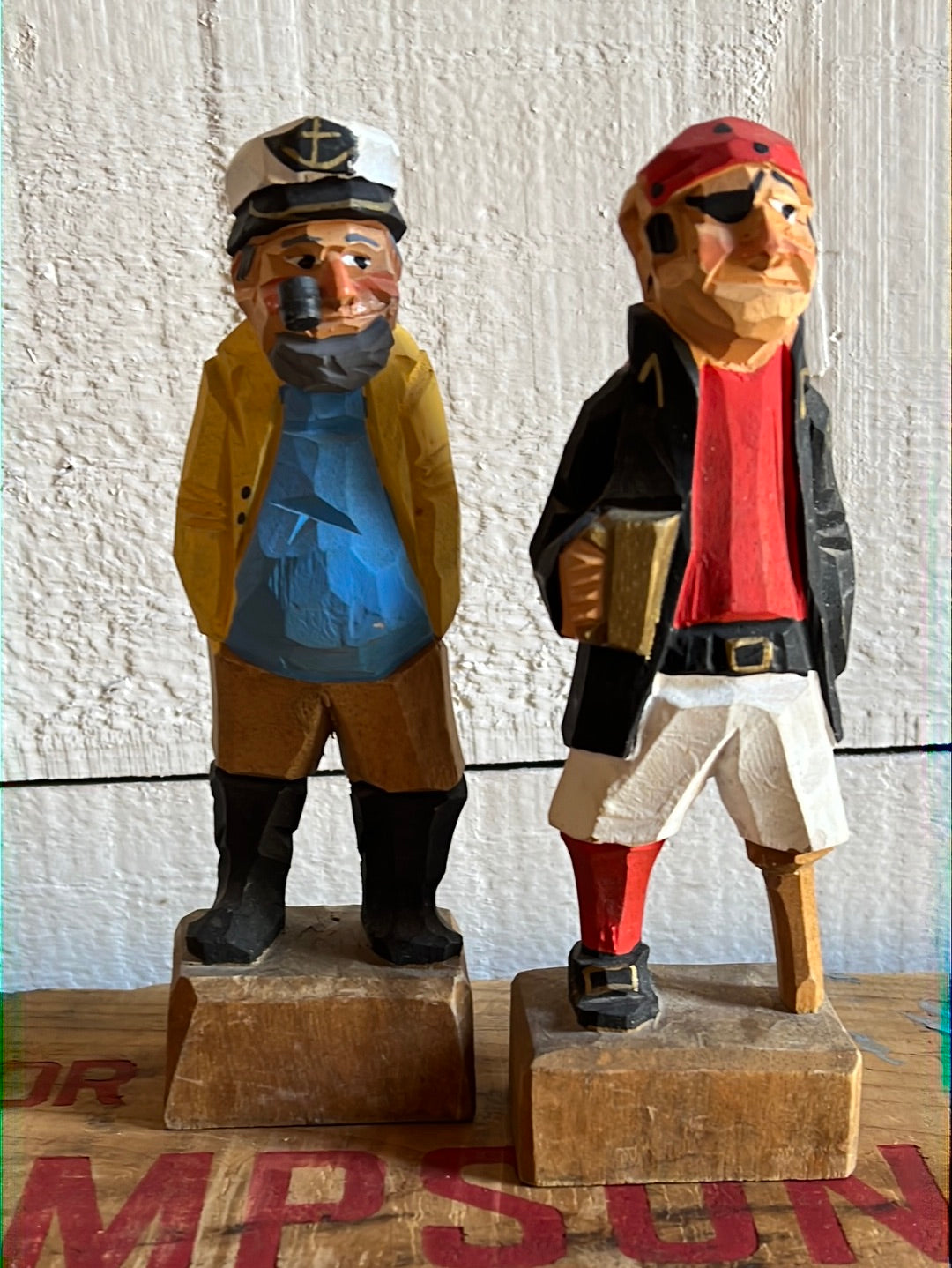 Vintage Wooden Fisherman - Blue Shirt + Yellow Coat