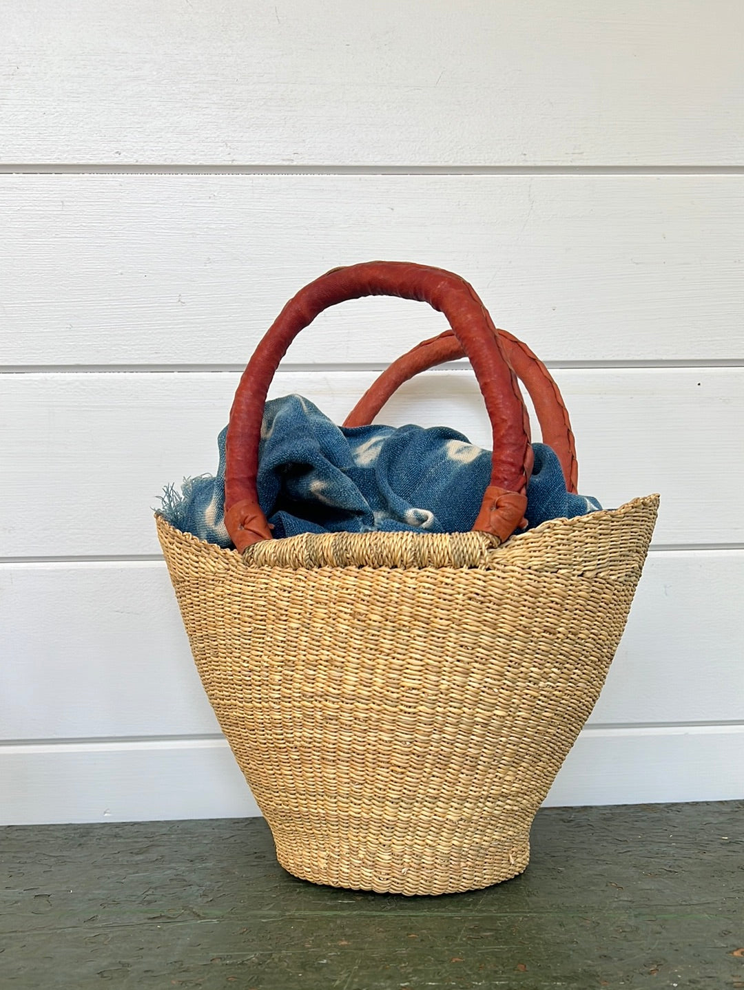 African Basket w/ Leather Handle - Tan