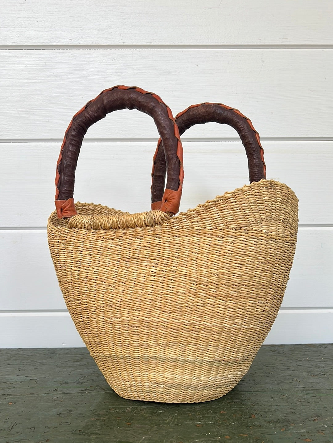 African Basket w/ Leather Handle - Brown