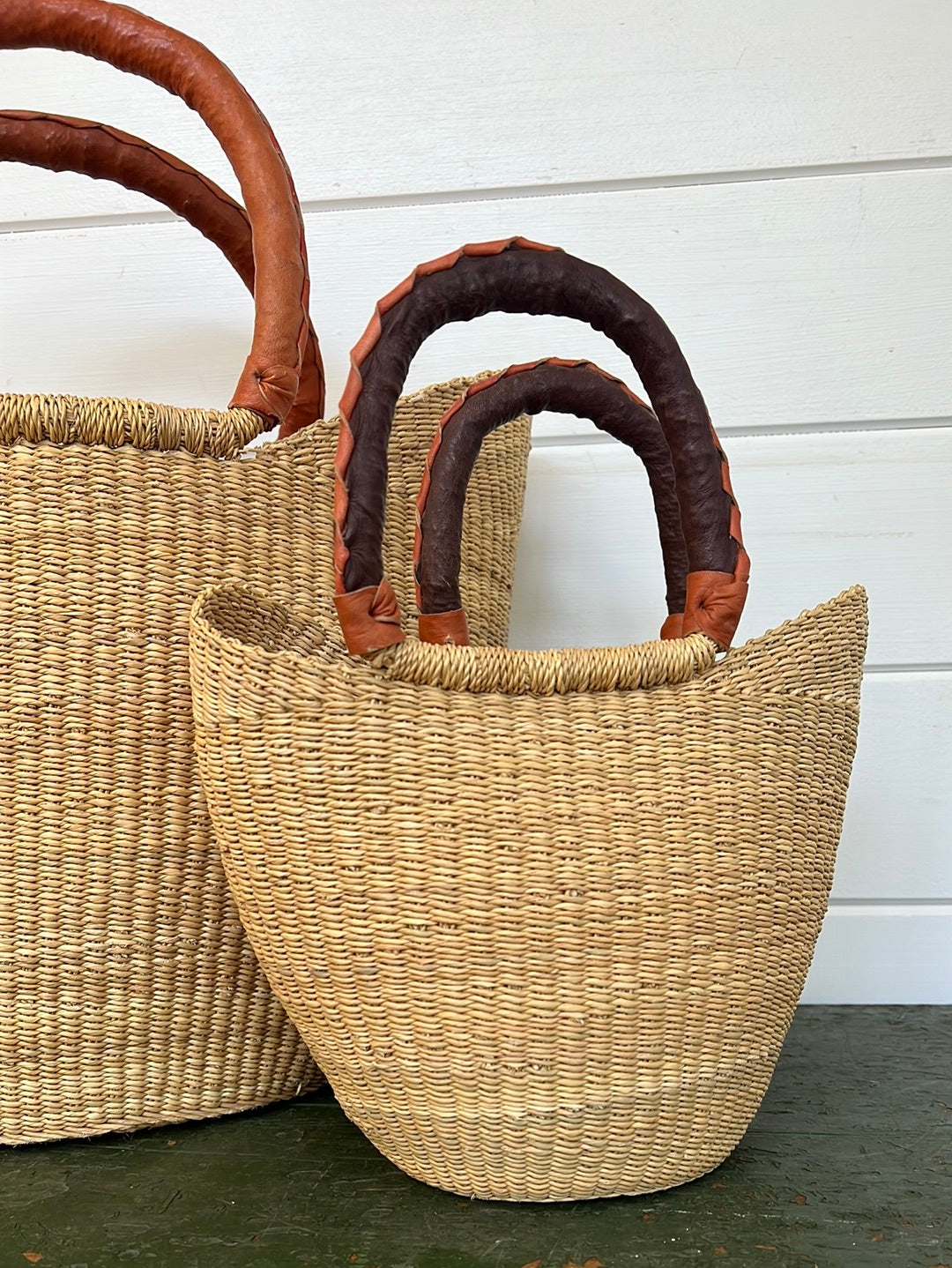 African Basket w/ Leather Handle - Brown