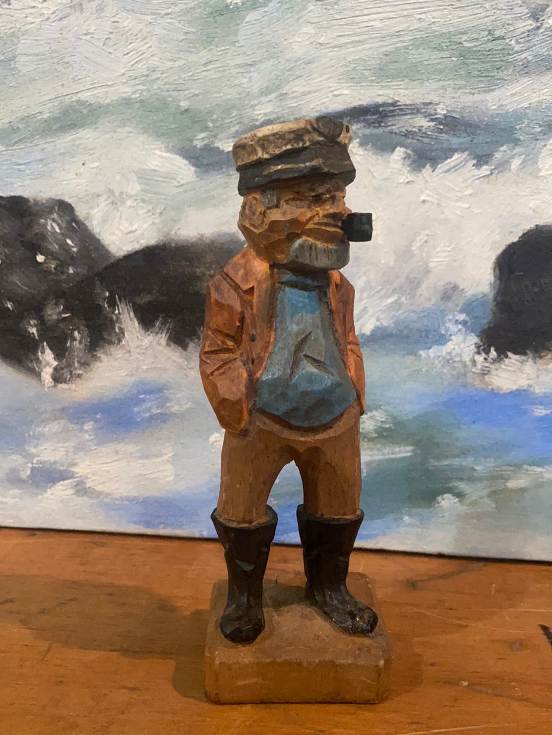 Vintage Wooden Fisherman - Yellow + Blue