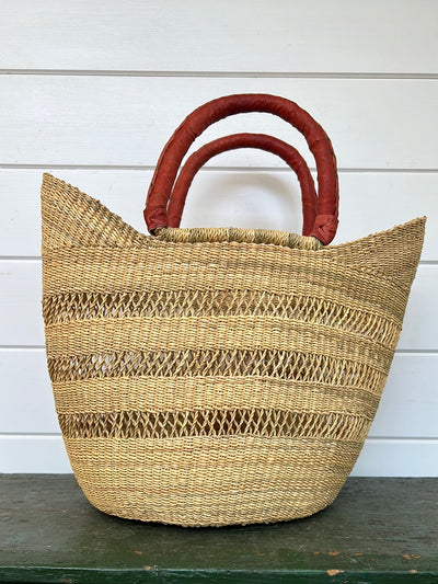 African Lace Basket w/ Leather Handle - Tan