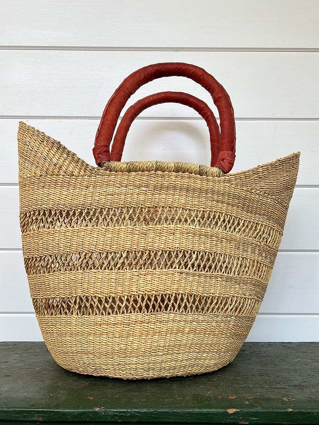 African Lace Basket w/ Leather Handle - Tan