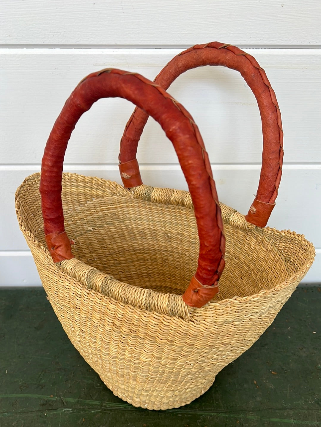 African Basket w/ Leather Handle - Tan