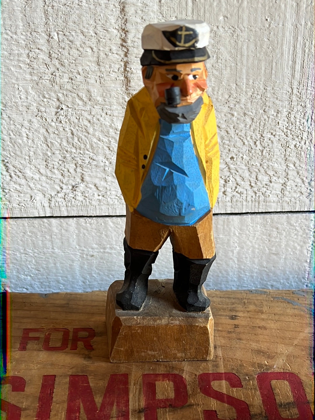 Vintage Wooden Fisherman - Blue Shirt + Yellow Coat