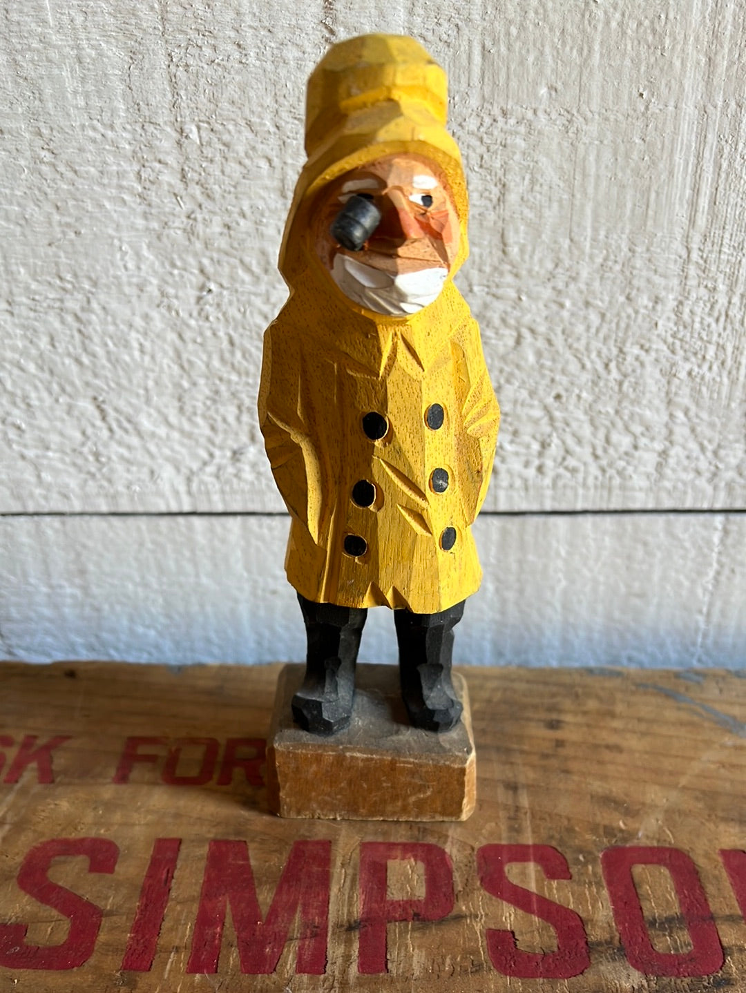Vintage Wooden Fisherman - Yellow Coat + Hat