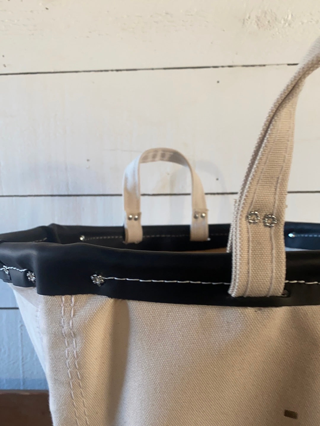 Round Basket Natural Canvas - Black Leather