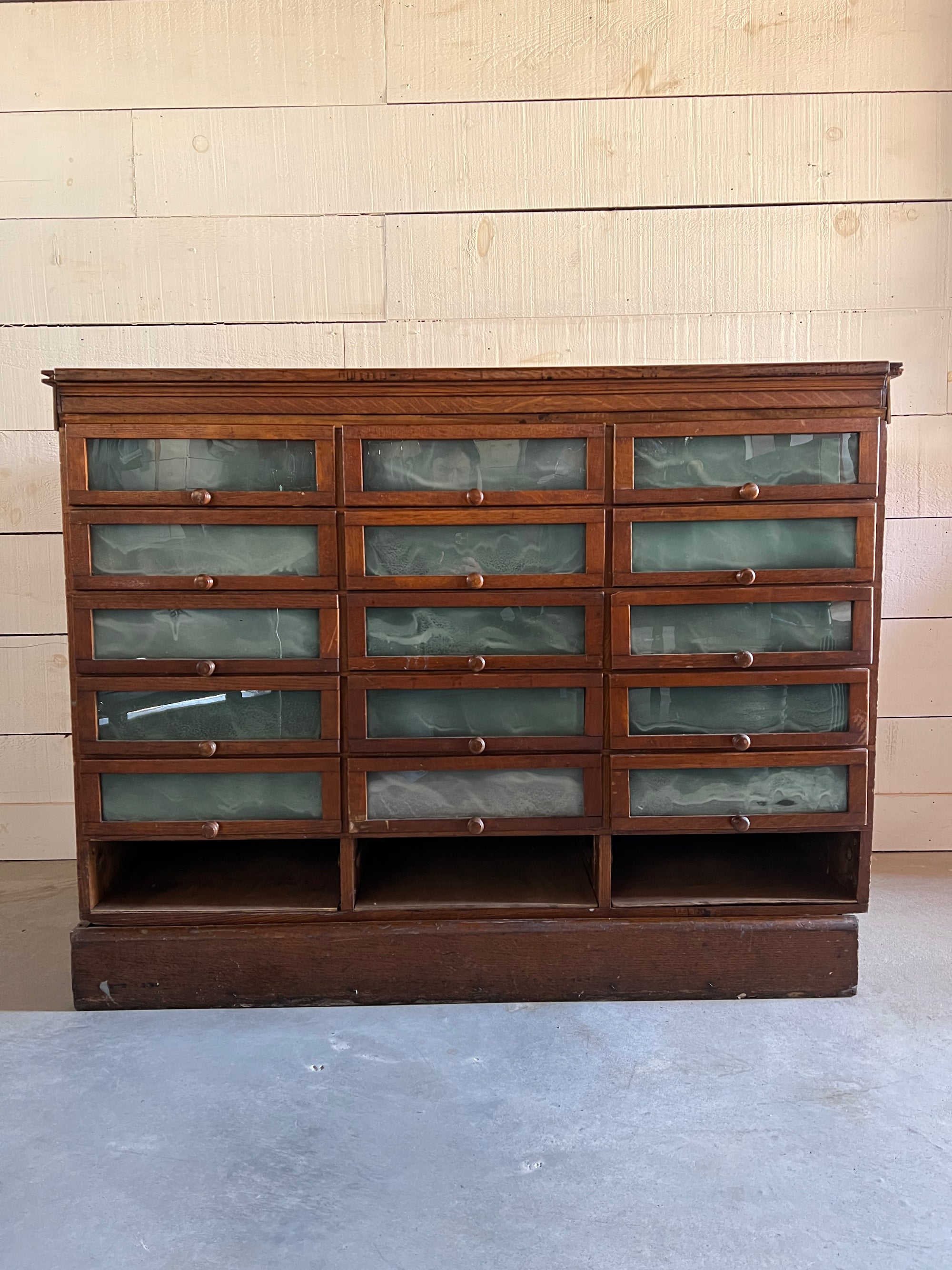 Vintage Apothecary Cabinet with 15 Glass-Front Drawers