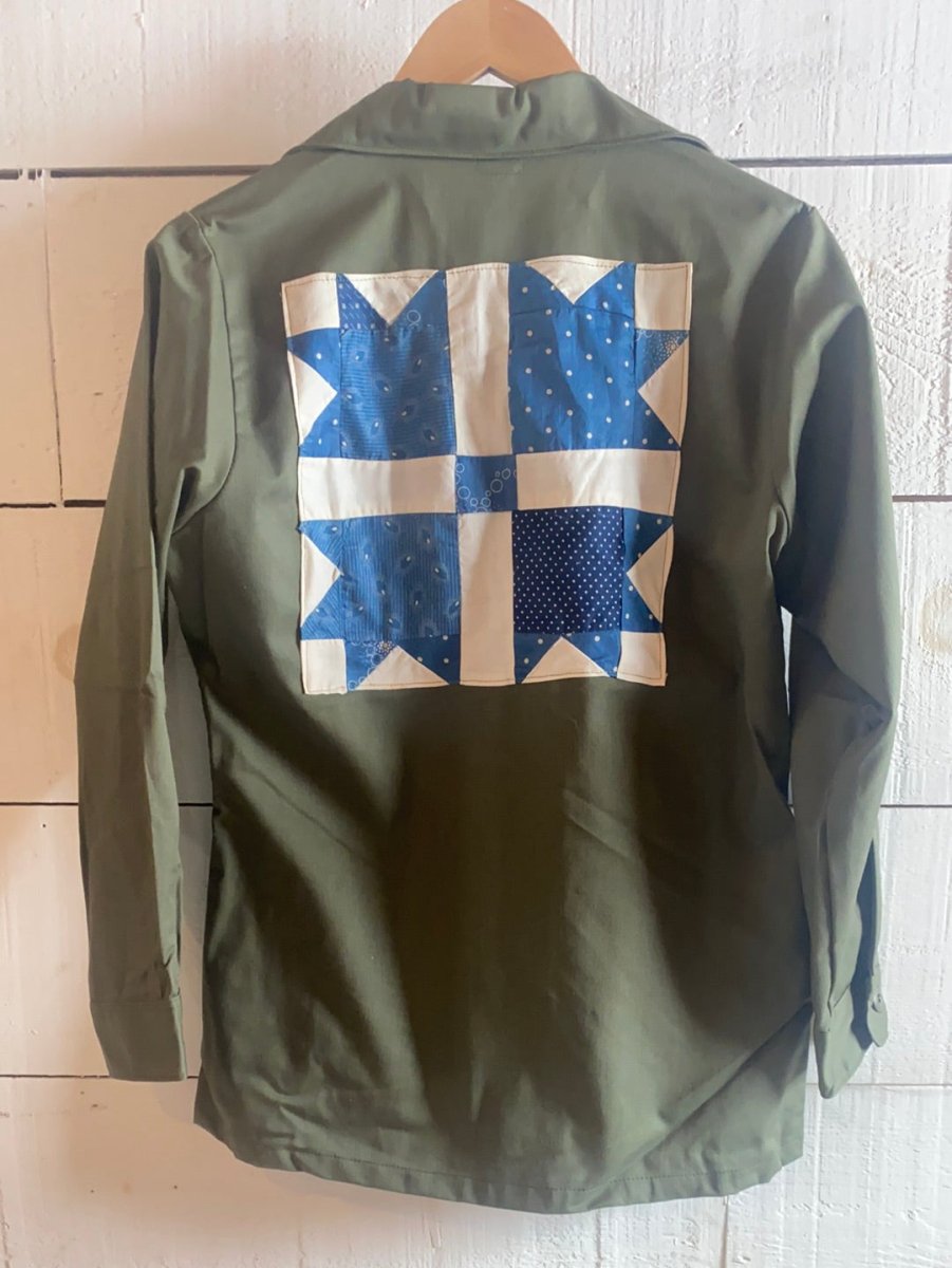 Indigo Quilt Patch - Vintage Military Shirt - Diamonds & Rust